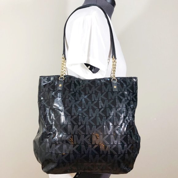 MICHAEL KORS Jet Set Chain Tote MK Signature Black Mirror Metallic - Picture 1 of 16